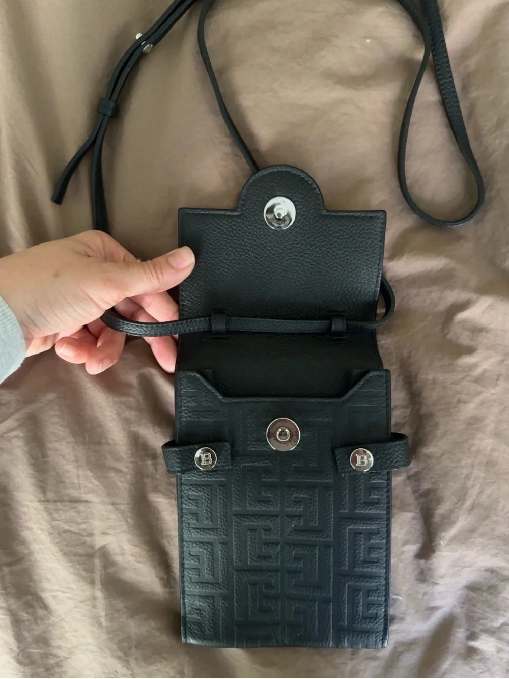 Balmain Black Embossed Leather Crossbody Phone Pouch with 'B' Logo